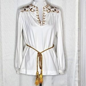 Vintage Caron Chicago Metallic Embroidery Stone Accents Pullover White Blouse